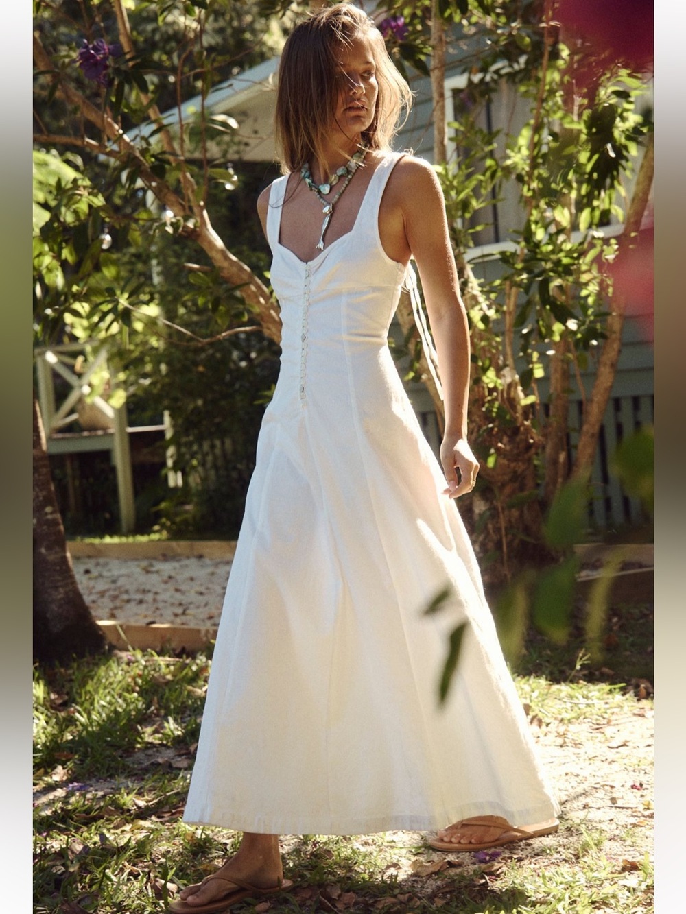 Free People Holland Stretch Linen Midi Dress Ivory